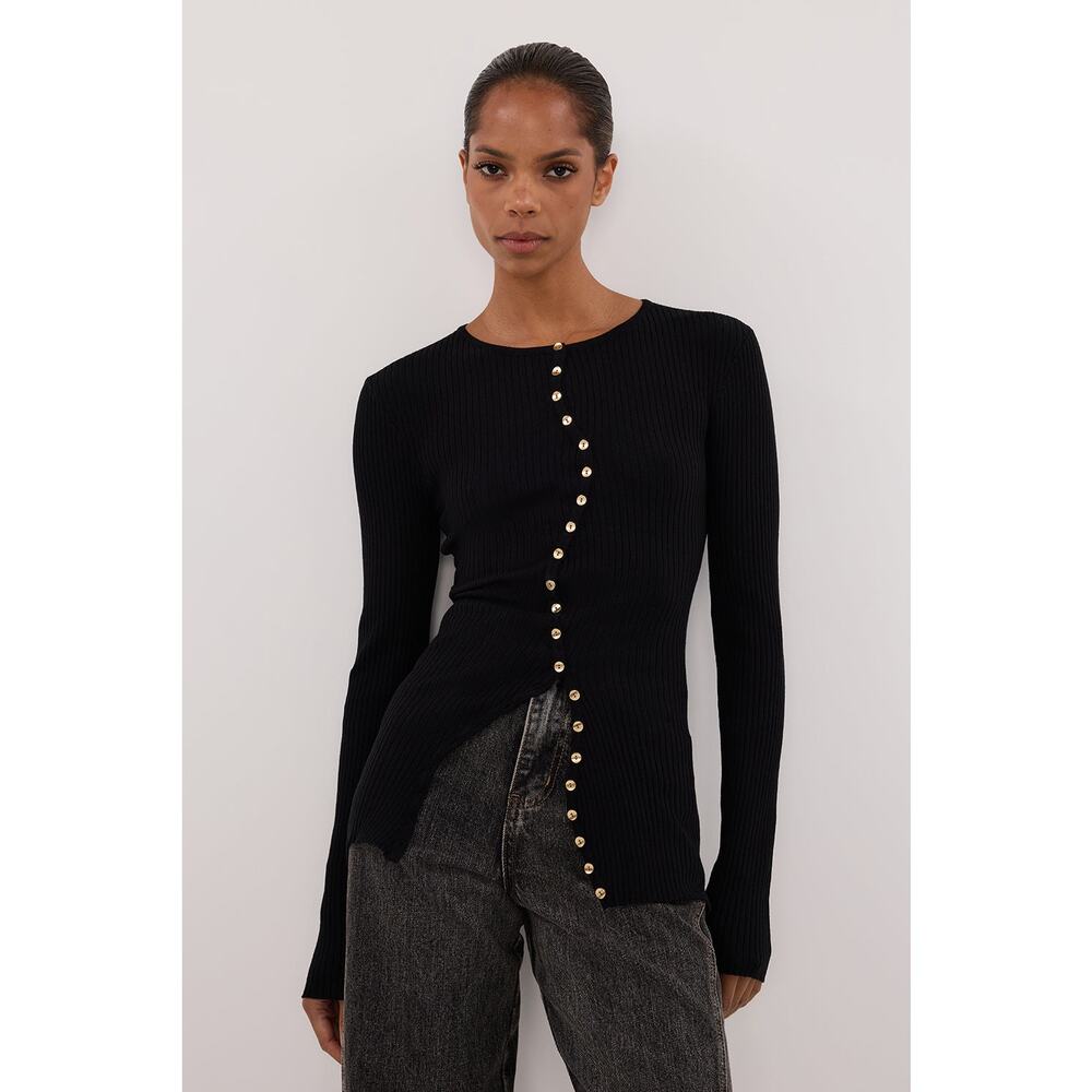 DISSH Black Ribbed Knit Button Front Top Long Sleeve Gold Medium cardigan